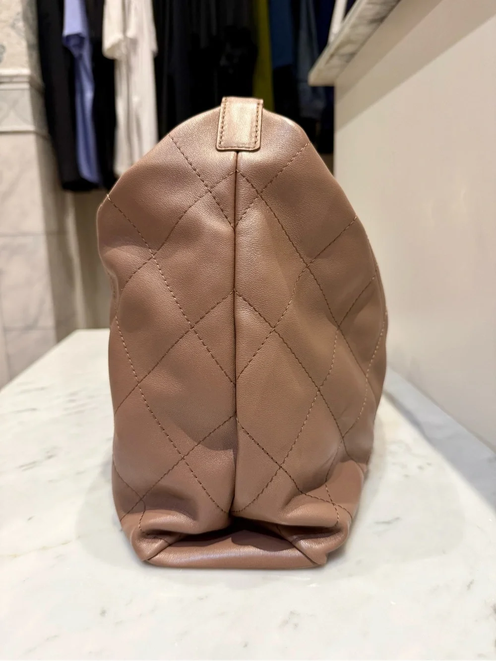 CHANEL Quilted Lambskin Shoulder Bag in Taupe